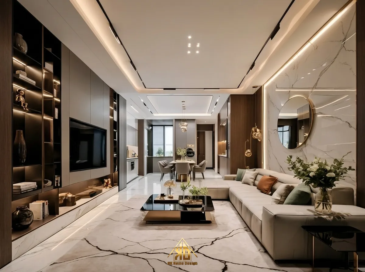 Xu Hướng Thi Công Nội Thất Trọn Gói Hiện Đại Tại Yên Thành Hot Nhất Năm 2026 6 Thiết kế phòng khách liền bếp không gian mở hiện đại tiện nghi
