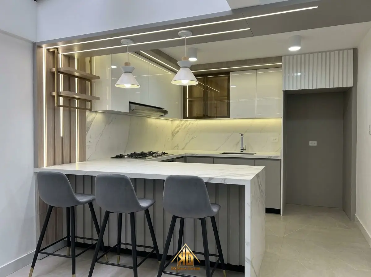 Vật liệu phòng bếp thi công nội thất trọn gói Yên Thành siêu bền được chuyên gia khuyên dùng 9 Mẫu tủ bếp Acrylic trọn gói sang trọng cho biệt thự tại Yên Thành