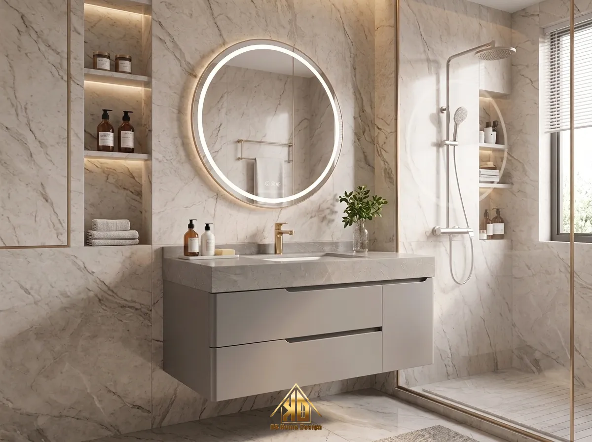 Giảm 10% khi ký hợp đồng thi công nội thất trọn gói ở Yên Thành Nghệ An trong tháng này 11 Tủ lavabo làm từ cốt mdf lõi xanh chống ẩm