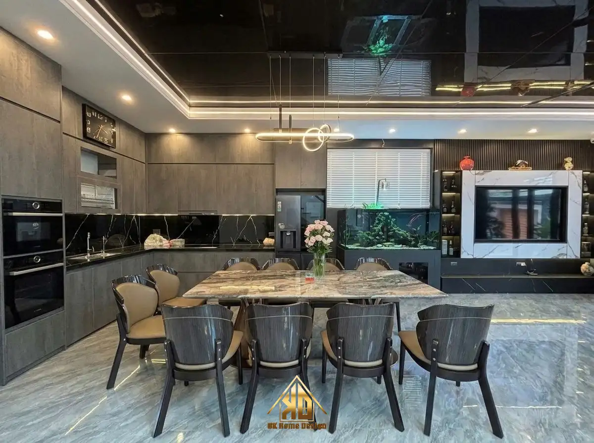 Gói thiết kế thi công nội thất nhà ống Đô Lương trọn gói từ A đến Z 3 gói thiết kế thi công nội thất nhà ống Đô Lương - phối cảnh khu bếp ăn