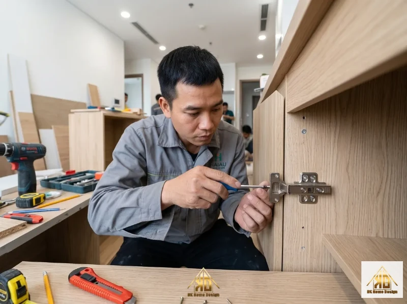Thiết Kế Nội Thất Nhà Phố Mặt Tiền 4m: Giải Pháp Tối Ưu Ánh Sáng 13 Lắp bản lề giảm chấn Hafele cho tủ nội thất