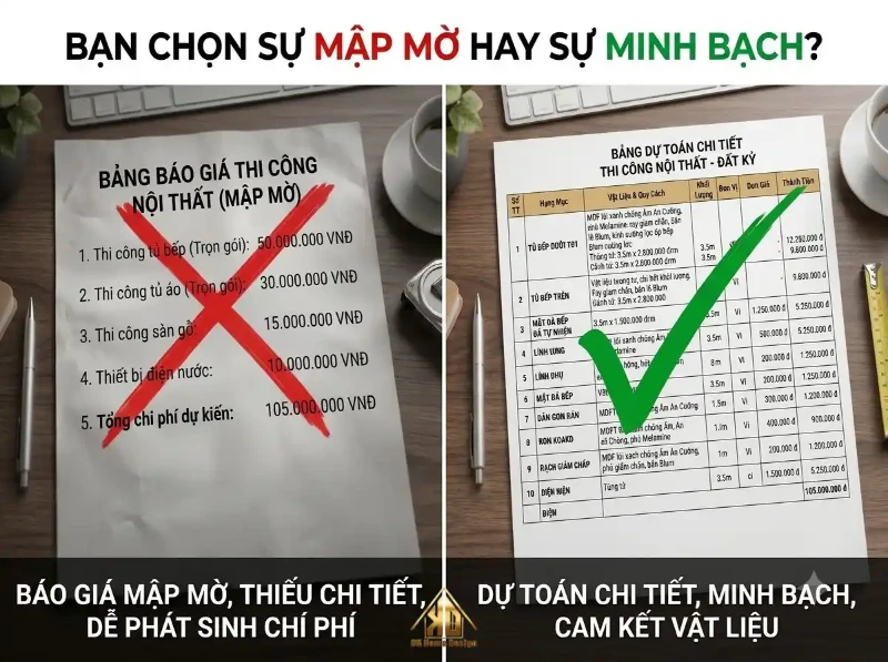 Quy Trình Thi Công Nội Thất Trọn Gói Đô Lương: 6 Bước Để Nhà Xong Đúng Hẹn, Không Phát Sinh 3 So sánh báo giá nội thất mập mờ và dự toán chi tiết minh bạch